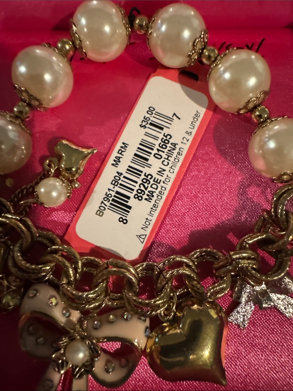 Betsey Johnson Gold-Tone Pearl Bracelet with Pink Crystal Charms / NWT - Picture 2 of 7